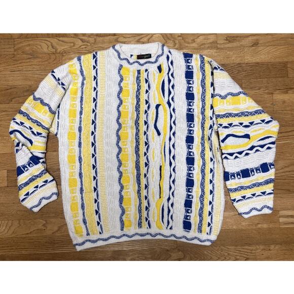 Men’s BERGATI Textured 3D Yellow/Blue/Ivory Vtg Crewneck Sweater Sz L *B9 - Picture 1 of 5